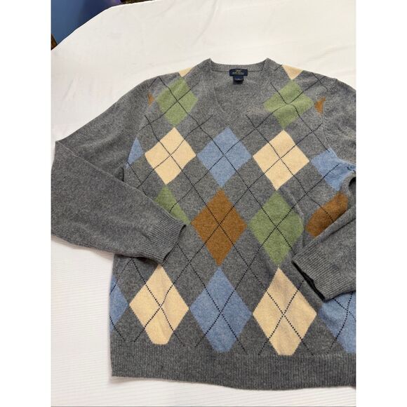 346 Brooks Brothers Scottish Lambswool Grey Argyle V Neck Sweater Size XL - Picture 3 of 10